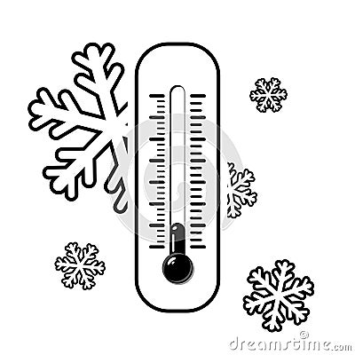 Cold thermometer with a snowflakes in black and white style. Temperature weather thermometers meteorology, temp control Vector Illustration